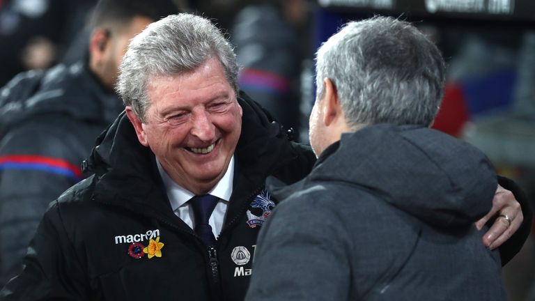 LONDON, ENGLAND - MARCH 05: Jose Mourinho, Manager of Manchester United and Roy Hodgson, Manager of Crystal Palace shake hands during the Premier League match between Crystal Palace and Manchester United at Selhurst Park on March 5, 2018 in London, England. (Photo by Catherine Ivill/Getty Images)