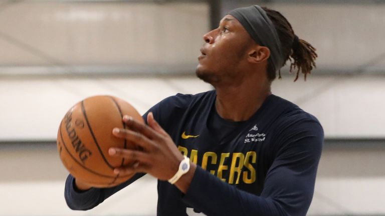 Myles Turner shoots the ball during a Pacers practice