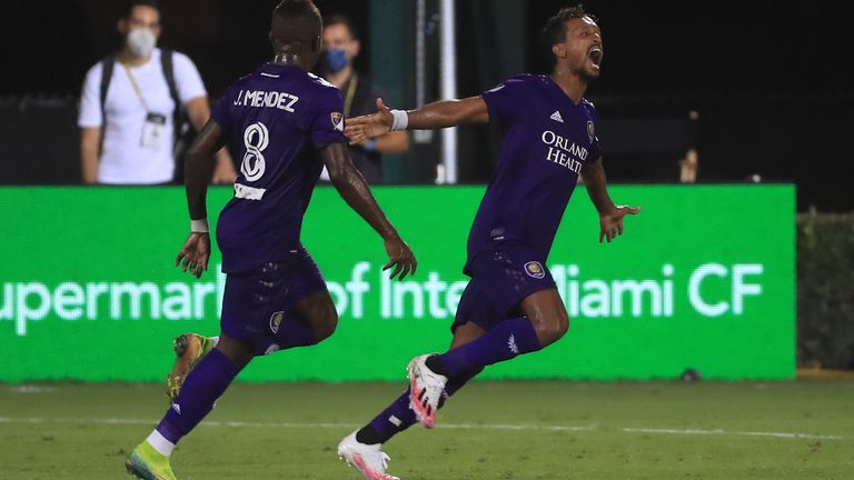 Nani of Orlando City SC celebrates scoring the winner against Inter Miami as part of the MLS is back Tournament at ESPN Wide World of Sports Complex