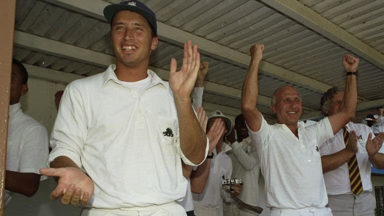 1 Mar 1990: The England team are jubilant after their victory in the First Test match against the West Indies at Sabina Park in Kingston, Jamaica. England won the match by nine wickets. \ Mandatory Credit: Adrian Murrell/Allsport