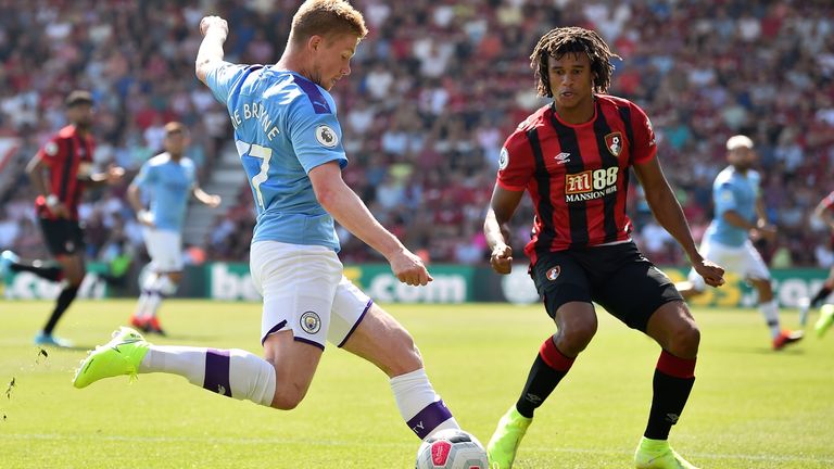 Nathan Ake defends against Kevin De Bruyne as Bournemouth take on Man City early in the season