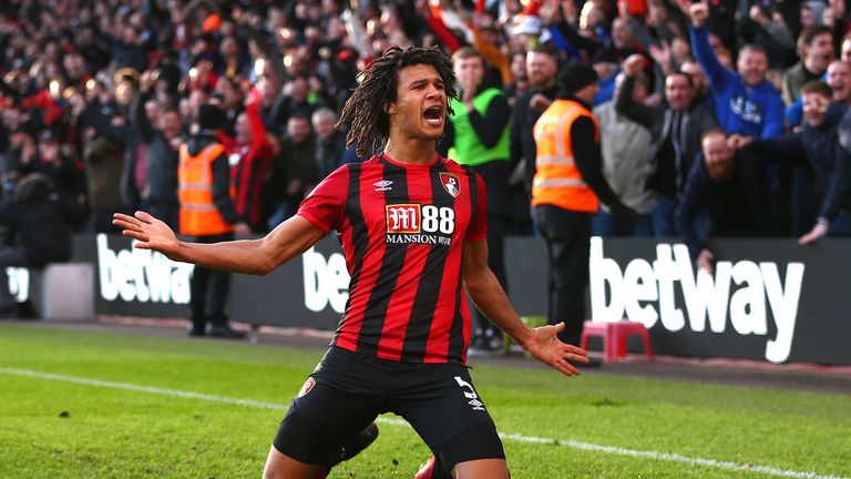Nathan Ake of AFC Bournemouth celebrates after scoring his team&#39;s second goal during the Premier League match between AFC Bournemouth and Aston Villa at Vitality Stadium on February 01, 2020 in Bournemouth, United Kingdom.
