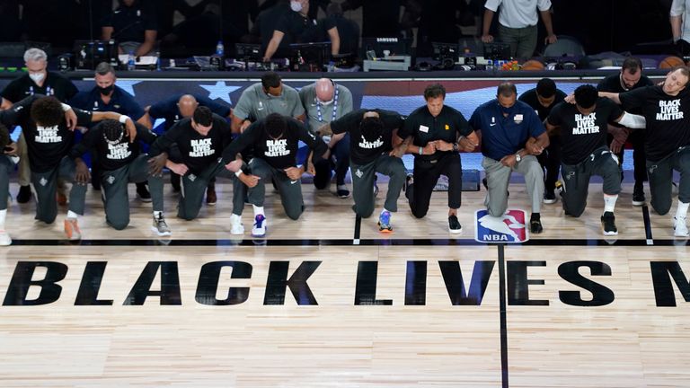 LeBron James and Fellow NBA Players Kneel for National Anthem in Black  Lives Matter Shirts as Season Returns