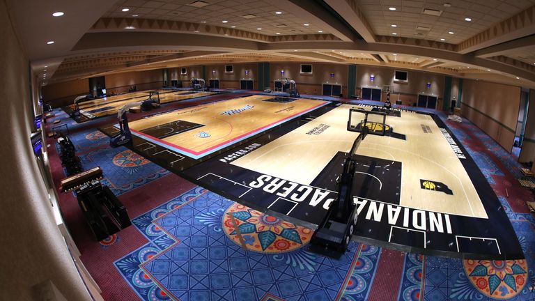 A general overall view the Indiana Pacers and Miami Heat practice courts being set up as part of the NBA Restart 2020 on July 2, 2020 in Orlando, Florida.