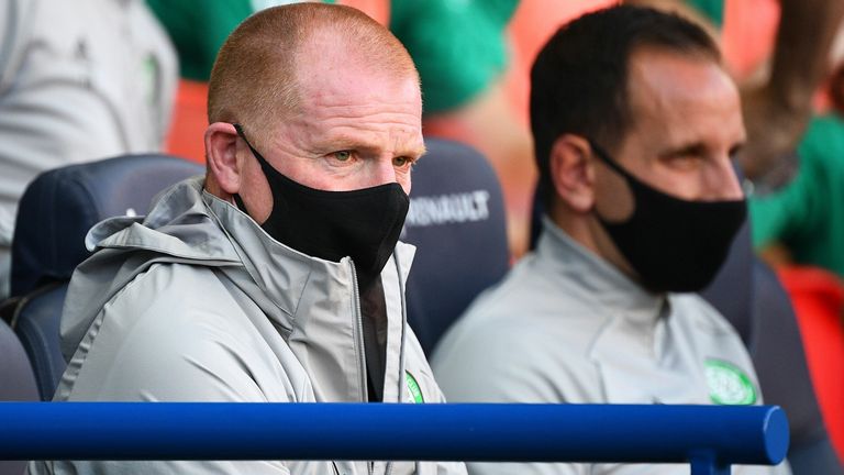 Neil Lennon watches on from the Parc des Princes on Tuesday evening