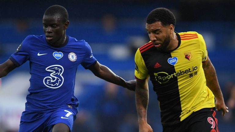 N'Golo Kante is challenged by Troy Deeney at Stamford Bridge