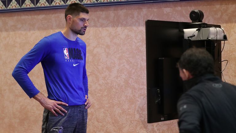 Nikola Vucevic is interviewed inside the NBA campus at Disney World in Florida