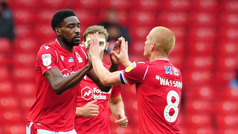 NOTTINGHAM, ENGLAND - JULY 15: Sammy Ameobi of Nottingham Forest celebrates scoring his side's equalising goal to make the score 1-1 during the Sky Bet Championship match between Nottingham Forest and Swansea City at the City Ground Stadium on July 15, 2020 in Nottingham, England. (Photo by Athena Pictures/Getty Images)