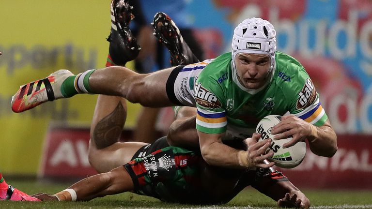 CANBERRA, AUSTRALIA - JULY 25: Jarrod Croker of the Raiders scores a try during the round 11 NRL match between the Canberra Raiders and the South Sydney Rabbitohs at GIO Stadium on July 25, 2020 in Canberra, Australia. (Photo by Mark Metcalfe/Getty Images)