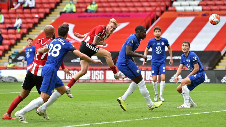 Oli McBurnie heads in Sheffield United's second goal against Chelsea
