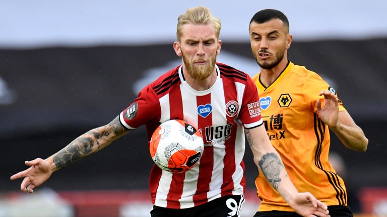Sheffield United&#39;s Oliver McBurnie (left) and Wolverhampton Wanderers&#39; Romain Saiss battle for the ball