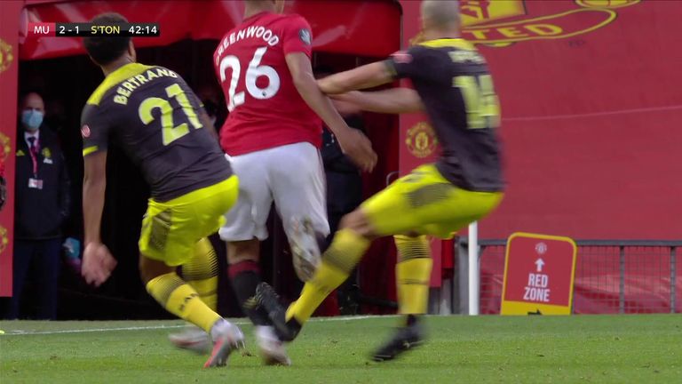 Oriol Romeu catches Mason Greenwood three minutes before half-time