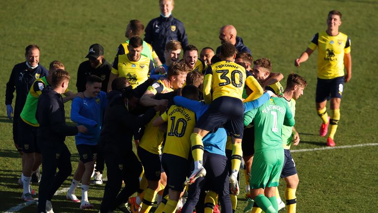 Oxford celebrate beating Portsmouth in the League One play-off semi-finals