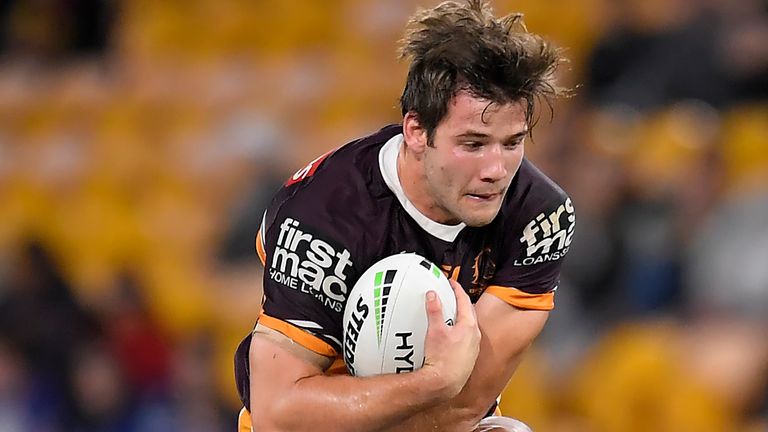 BRISBANE, AUSTRALIA - JULY 11: Patrick Carrigan of the Broncos is tackled during the round nine NRL match between the Brisbane Broncos and the Canterbury Bulldogs at Suncorp Stadium on July 11, 2020 in Brisbane, Australia. (Photo by Albert Perez/Getty Images)