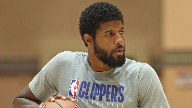 Paul George in action at an LA Clippers&#39; practice inside the NBA bubble