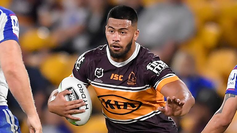 BRISBANE, AUSTRALIA - JULY 11: Payne Haas of the Broncos runs at the defence during the round nine NRL match between the Brisbane Broncos and the Canterbury Bulldogs at Suncorp Stadium on July 11, 2020 in Brisbane, Australia. (Photo by Albert Perez/Getty Images)