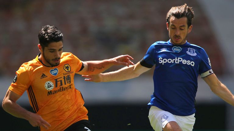 Wolves' Pedro Neto battles for possession with Everton's Mason Holgate