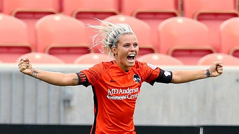 Rachel Daly #3 of Houston Dash celebrates with her teammates after scoring a goal in the 69th minute against the Portland Thorns FC during the second half in the semifinal match of the NWSL Challenge Cup at Rio Tinto Stadium on July 22, 2020 in Sandy, Utah. 