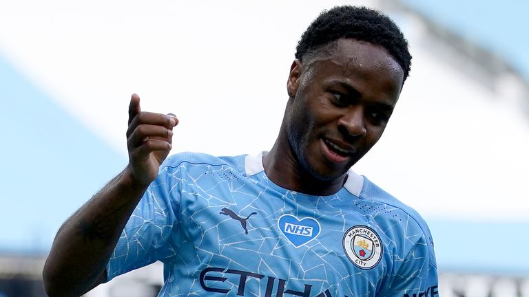 Raheem Sterling celebrates after scoring a third for 