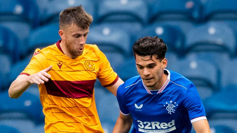 Rangers' Ianis Hagi holds off Motherwell's Liam Polworth during the pre-season friendly match at Ibrox