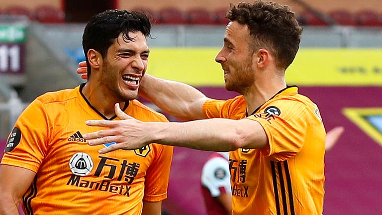 Raul Jimenez is congratulated by Diogo Jota (right) after scoring against Burnley