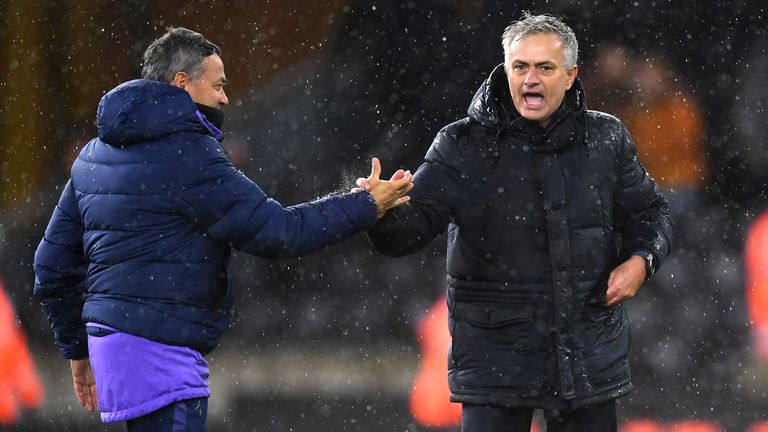  Jose Mourinho, Manager of Tottenham Hotspur celebrates victory with Ricardo Formosinho, Tactical Analyst of Tottenham Hotspur during the Premier League match between Wolverhampton Wanderers and Tottenham Hotspur at Molineux on December 15, 2019 in Wolverhampton, United Kingdom.