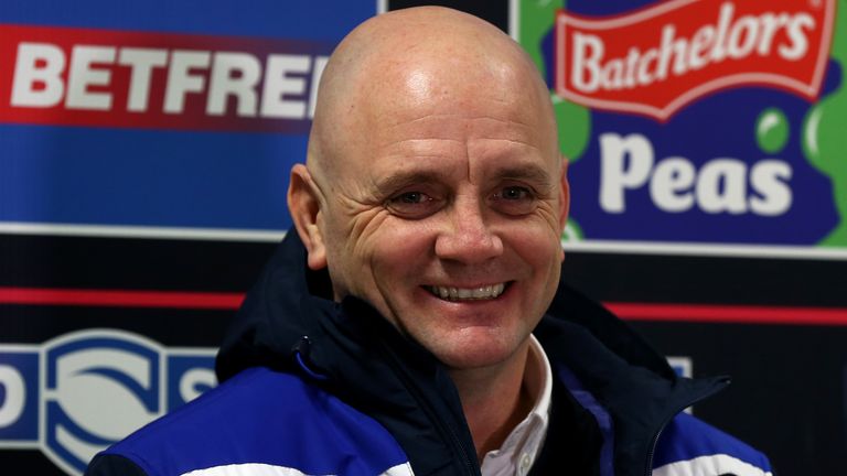 SALFORD, ENGLAND - FEBRUARY 22: Richard Agar, head coach of Leeds Rhinos reacts during a press conference following the Betfred Super League match between Salford Red Devils and Leeds Rhinos at AJ Bell Stadium on February 22, 2020 in Salford, England. (Photo by Lewis Storey/Getty Images)