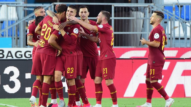 Federico Fazio celebrates his first goal during the Serie A match between Brescia and  Roma