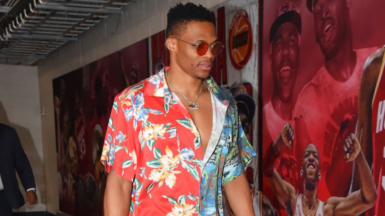 Russell Westbrook arrives for a Houston Rockets game in March