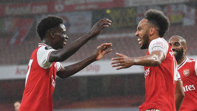 Saka and Aubameyang celebrate Arsenal's opener