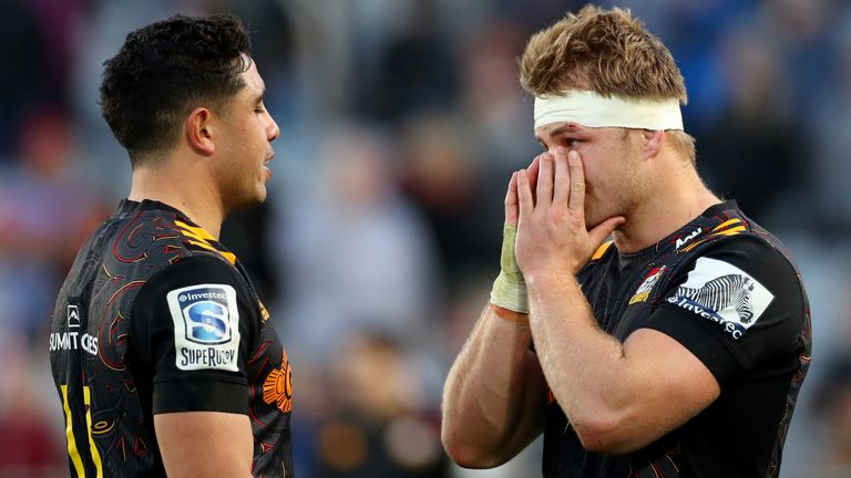 Sam Cane and Anton Lienert-Brown of the Chiefs react after losing the round 7 Super Rugby Aotearoa match between the Blues and the Chiefs at Eden Park on July 26, 2020 in Auckland, New Zealand.