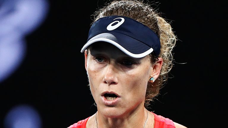 Sam Stosur of Australia celebrates during her Women's Singles first round match against Catherine McNally of the United States of America on day one of the 2020 Australian Open at Melbourne Park on January 20, 2020 in Melbourne, Australia