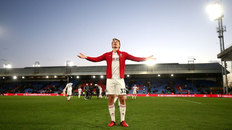 Sander Berge is serenaded by the Sheffield United fans at Selhurst Park