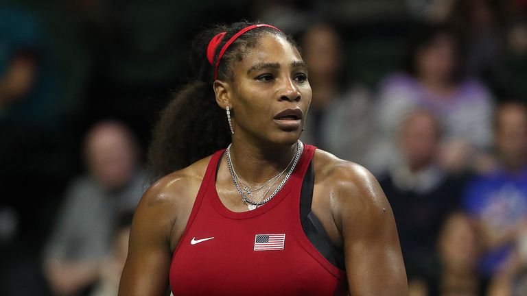 Serena Williams of the United States reacts while competing against Anastasija Sevastova of Latvia during the 2020 Fed Cup qualifier between USA and Latvia at Angel of the Winds Arena on February 08, 2020 in Everett, Washington.