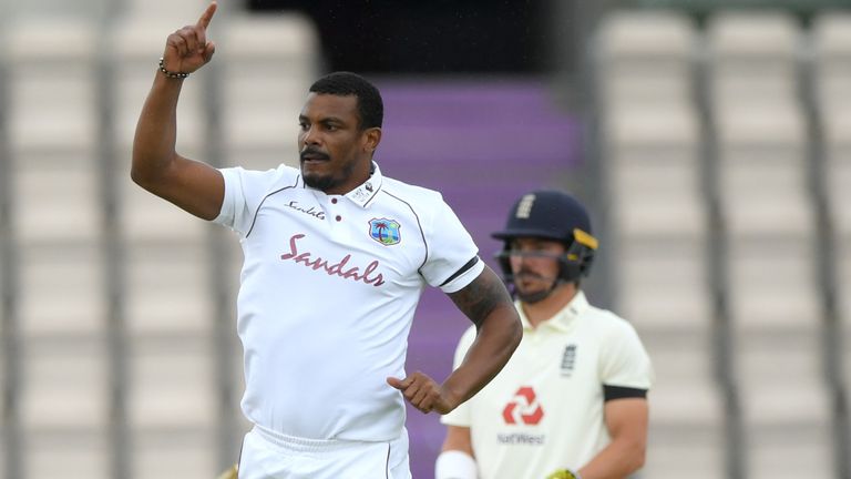 Shannon Gabriel celebrates the wicket of Dom Sibley on day one of the first #raisethebat Test
