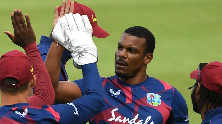 Shannon Gabriel of West Indies celebrates the wicket of John Campbell with teammates during Day Three of a West Indies Warm Up match at Old Trafford on July 01, 2020 in Manchester, England.