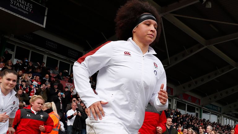 Shaunagh Brown of England runs onto the field during the Women's Six Nations match between England and Wales at Twickenham Stoop on March 07, 2020 in London, England