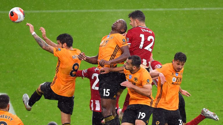 Sheffield United's John Egan scores his side's winner against Wolves