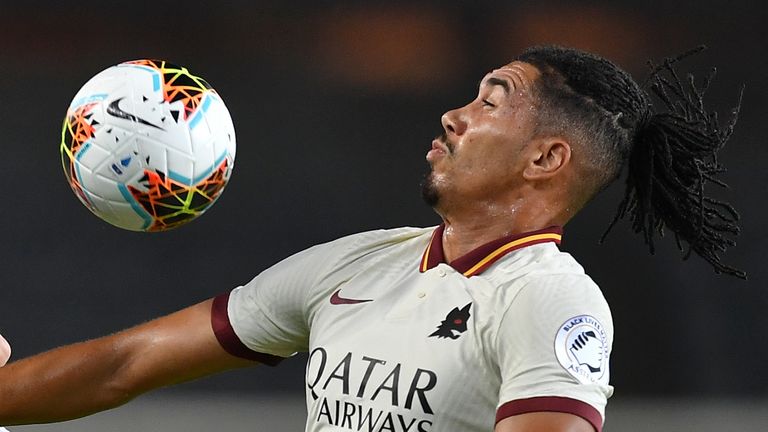 TURIN, ITALY - JULY 29: Alejandro Berenguer (L) of Torino FC clashes with Christopher Smalling of AS Roma during the Serie A match between Torino FC and AS Roma at Stadio Olimpico di Torino on July 29, 2020 in Turin, Italy. (Photo by Valerio Pennicino/Getty Images)