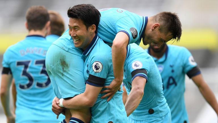 Heung-min Son celebrates with Giovanni Lo Celso after his goal - and Lo Celso's first Premier League assist - at Newcastle