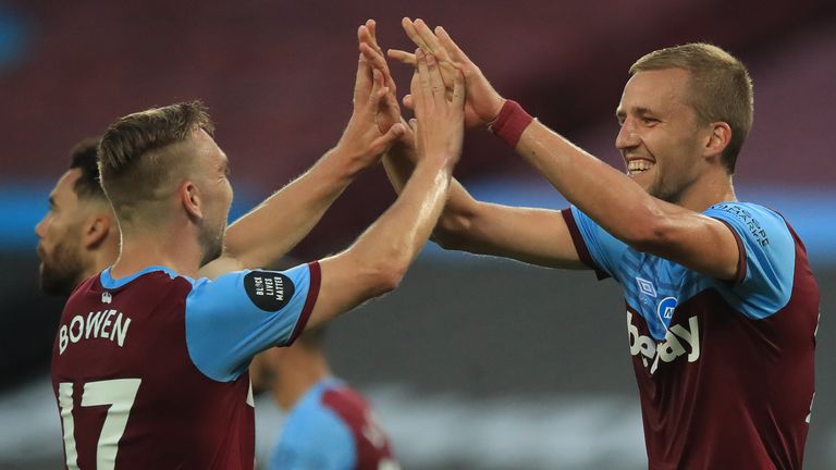 West Ham United's Czech midfielder Tomas Soucek (R) celebrates with teammates after he scores his team's first goal during the English Premier League football match between West Ham United and Chelsea at The London Stadium, in east London on July 1, 2020.