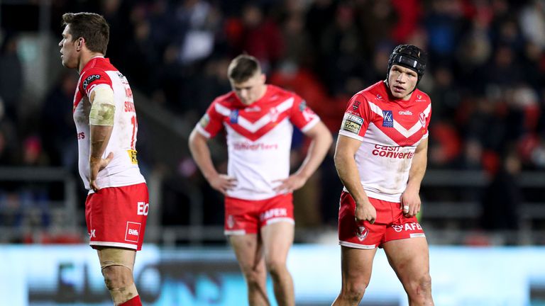 Picture by Paul Currie/SWpix.com - 06/03/2020 - Rugby League - Betfred Super League - St Helens v Huddersfield Giants - The Totally Wicked Stadium, Langtree Park, St Helens, England - St Helens' Jonny Lomax looks dejected at full time