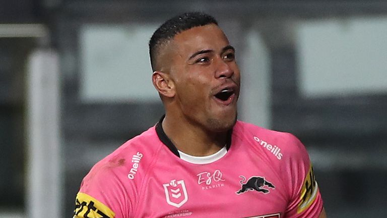 SYDNEY, AUSTRALIA - JULY 04: Stephen Crichton of the Panthers scores a try during the round eight NRL match between the Wests Tigers and the Penrith Panthers at Bankwest Stadium on July 04, 2020 in Sydney, Australia. (Photo by Mark Kolbe/Getty Images)