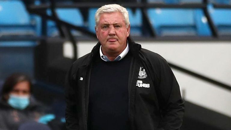Steve Bruce, Manager of Newcastle United looks on during the Premier League match between Manchester City and Newcastle United at Etihad Stadium on July 08, 2020 in Manchester, England. Football Stadiums around Europe remain empty due to the Coronavirus Pandemic as Government social distancing laws prohibit fans inside venues resulting in all fixtures being played behind closed doors.