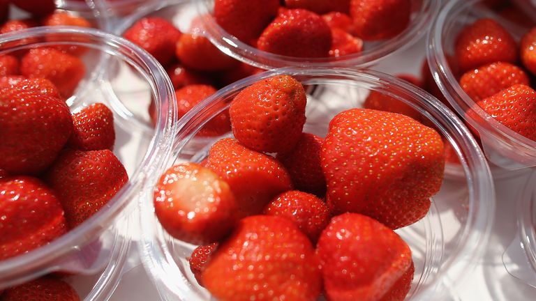 Strawberries are displayed for sale during day two of the Wimbledon Lawn Tennis Championships at the All England Lawn Tennis and Croquet Club on June 25, 2013 in London, England.