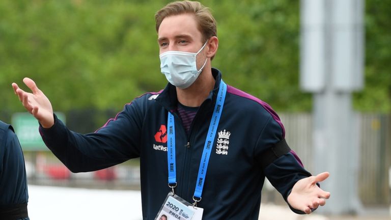 Stuart Broad of England walk round the ground during day one of the 1st #RaiseTheBat Test match at The Ageas Bowl on July 08, 2020 in Southampton, England. (