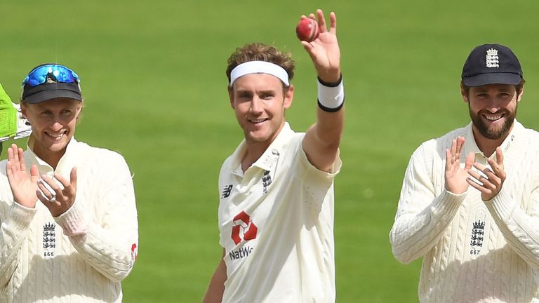 Stuart Broad celebrates taking his 500th Test wicket for England, vs West Indies at Emirates Old Trafford