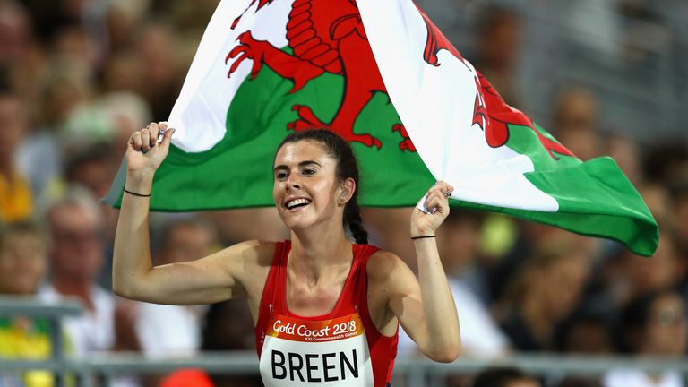 Olivia Breen celebrates winning bronze  for Wales in the Women's T38 100m Final on day eight of the Gold Coast 2018 Commonwealth Games