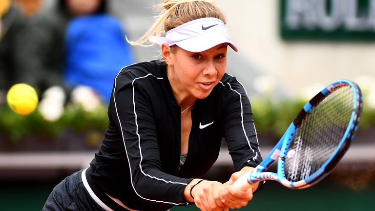 Amanda Anisimova of The United States plays a backhand during her ladies singles semi-final match against Ashleigh Barty of Australia during Day thirteen of the 2019 French Open at Roland Garros on June 07, 2019 in Paris, France.