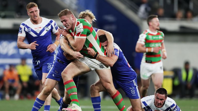 Thomas Burgess of the Rabbitohs is tackled